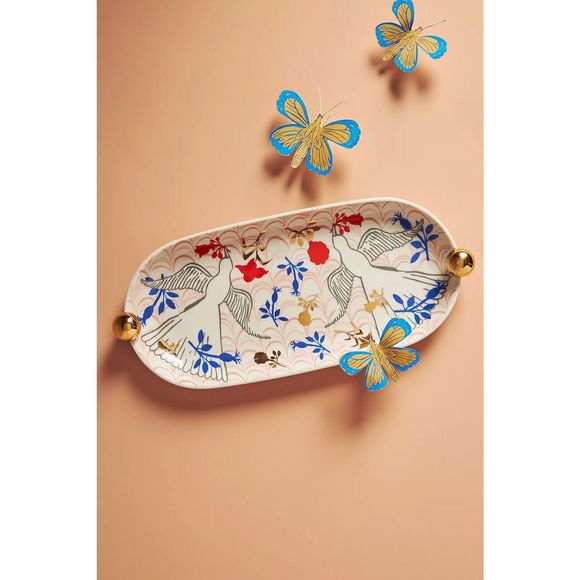 Anthropologie Other - Anthropologie Lauren McIntosh Tray Gold Floral Birds Boho Whimsical Catchall NEW
